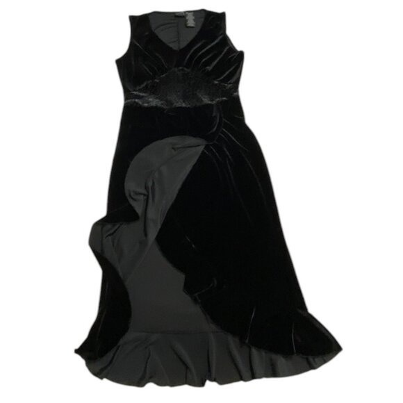 Vintage Studio V Neck Lace Waist Ruffle Hem Wrap Dress M Black Velour Sleeveless - Picture 9 of 12